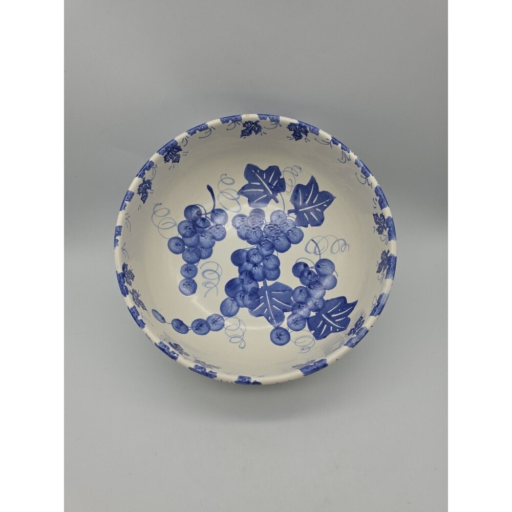Vintage Pier One Large Serving Bowl Hand Painted Ceramic Blue Grapes Italy Made